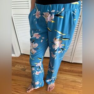 Blue Wide Leg Pants, elastic waist with Floral Design - XL